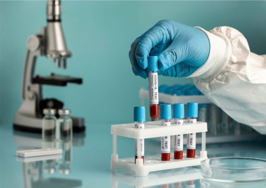 image of a hand with gloves holding a test tube in a laboratory 